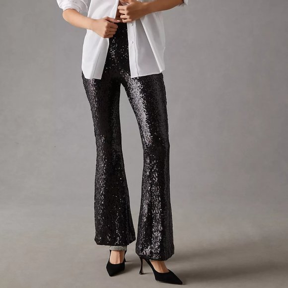 Anthropologie The Joni Sequined Flare Leg Pants Black - Picture 2 of 4